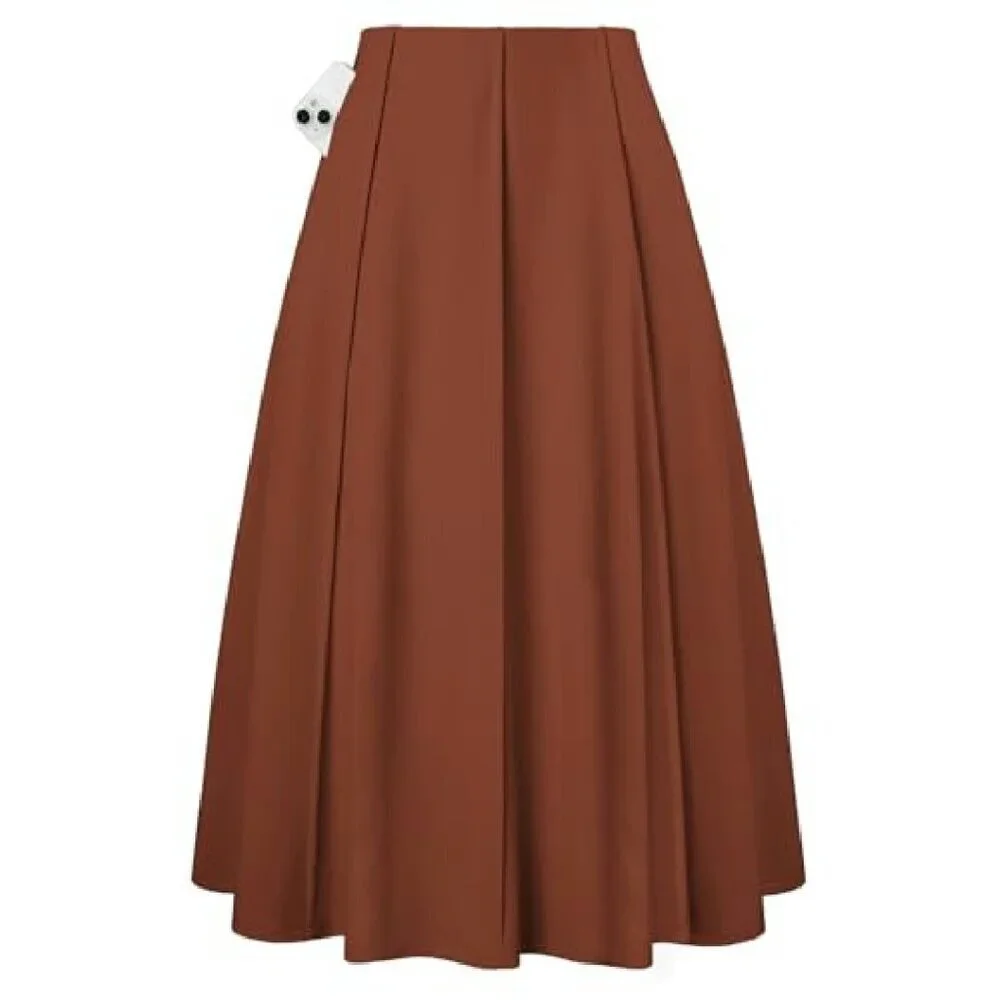 High Waisted Pleated Midi Skirt with Pockets Flowy A-Line Swing